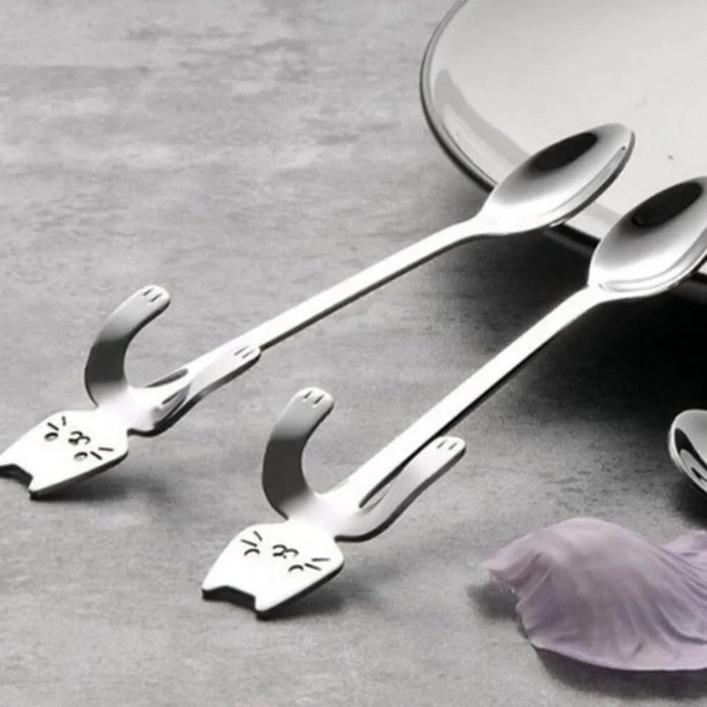 Cat Spoons Tea Spoons Stirrers Cup Hugging Kitty Cats Stainless Steel 2 PC Set